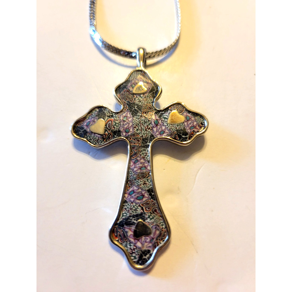 Vintage Floral Paisley Cross Crucifix Pendant Silver Tone Chain Jewelry Necklace
